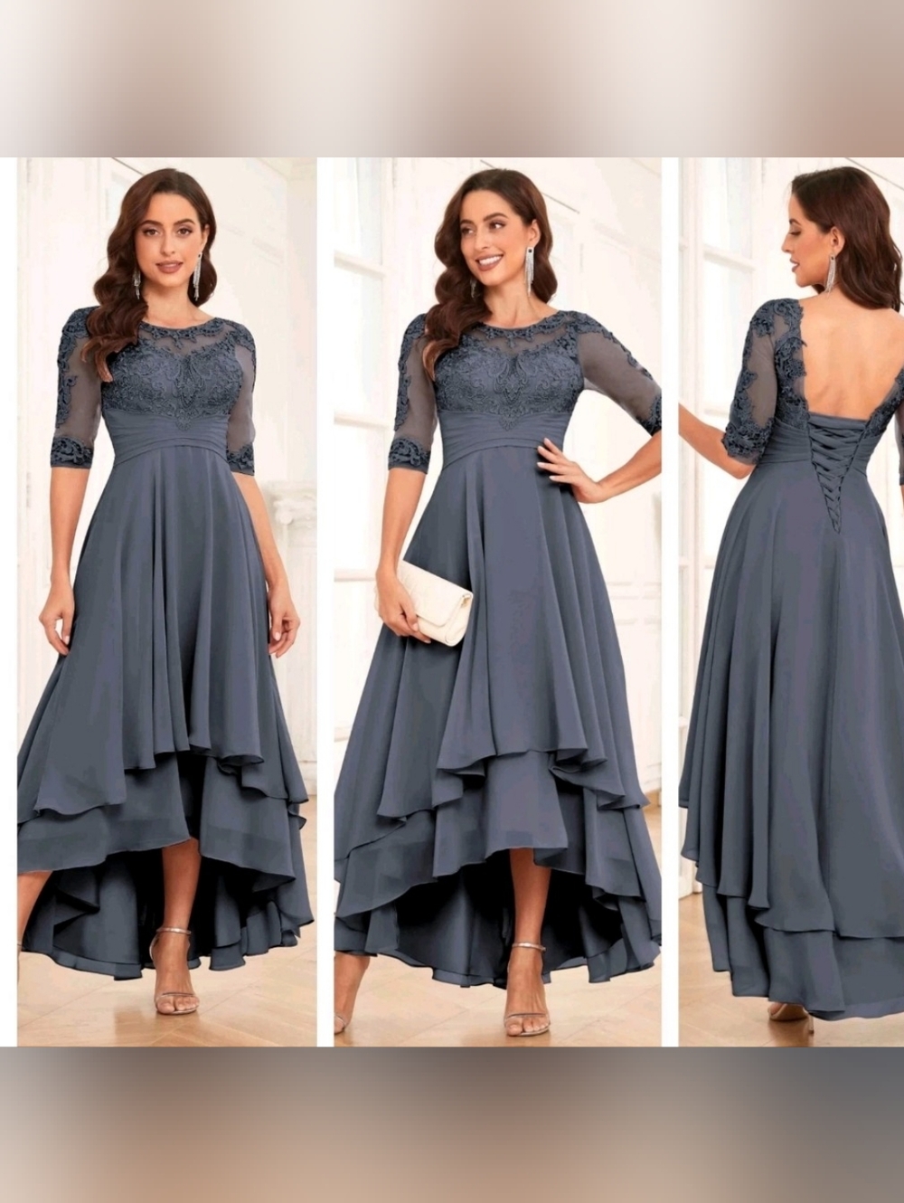 Elegant Stormy Blue Lace High-Low Midi Dress - Mother Of The Bride